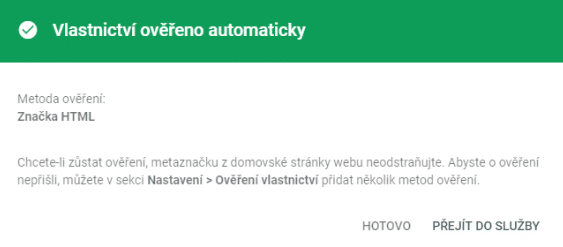 Overte vlastníctvo webu v Google search console - hotovo