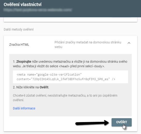 Overte vlastníctvo webu v Google search console
