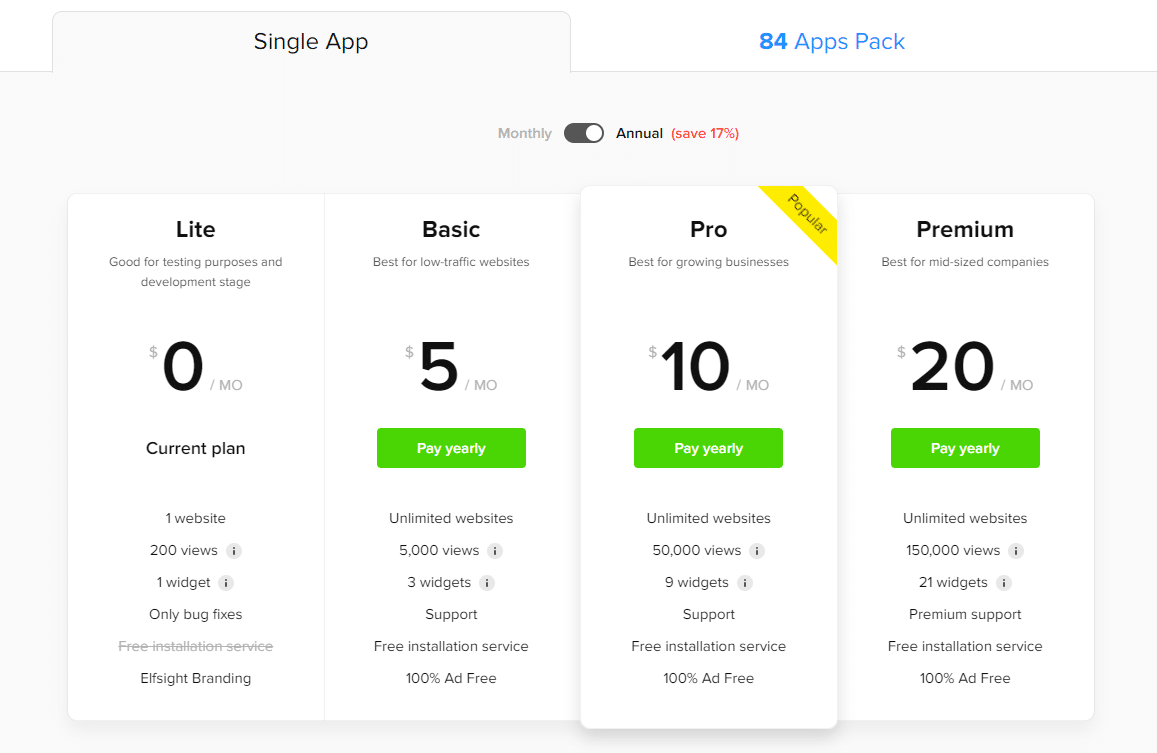 Pricing for Elfsight service, including the free LITE version and the three packages: Basic, Pro, Premium.