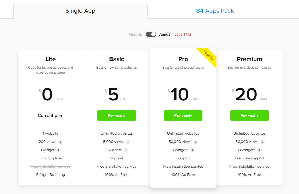 Pricing of Elfsight services - free version: LITE, paid versions: Basic, Pro and Premium