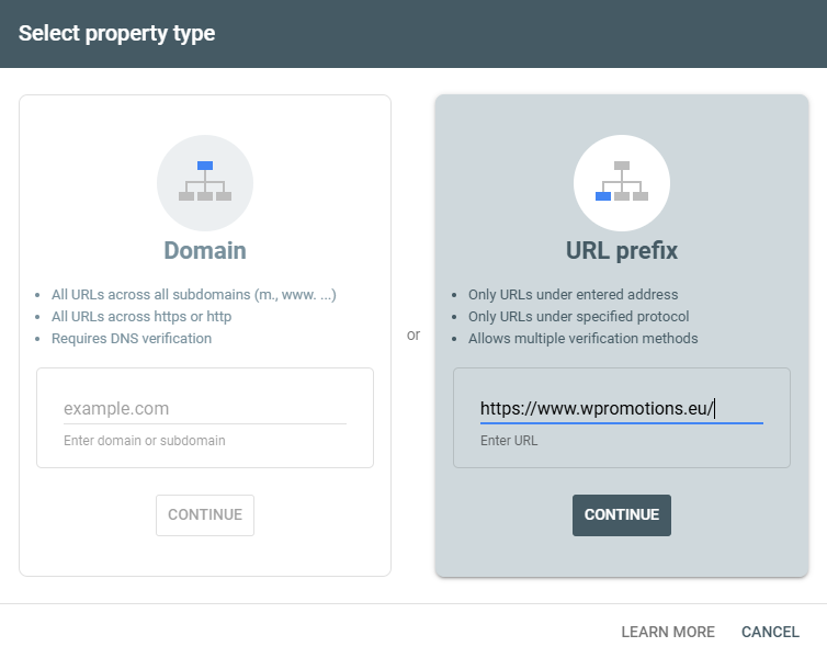 Ako pridať web do Google Choose the option website address URL prefix
