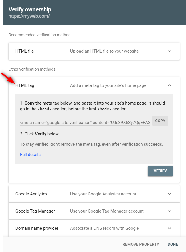 Ako pridať web do Google Copy the code "HTML tag"