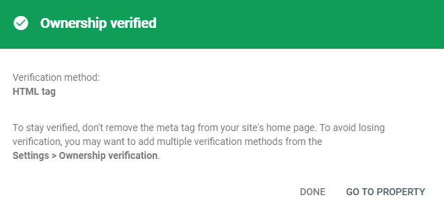 Ako pridať web do Google Website ownership verified in Google Search Console – done