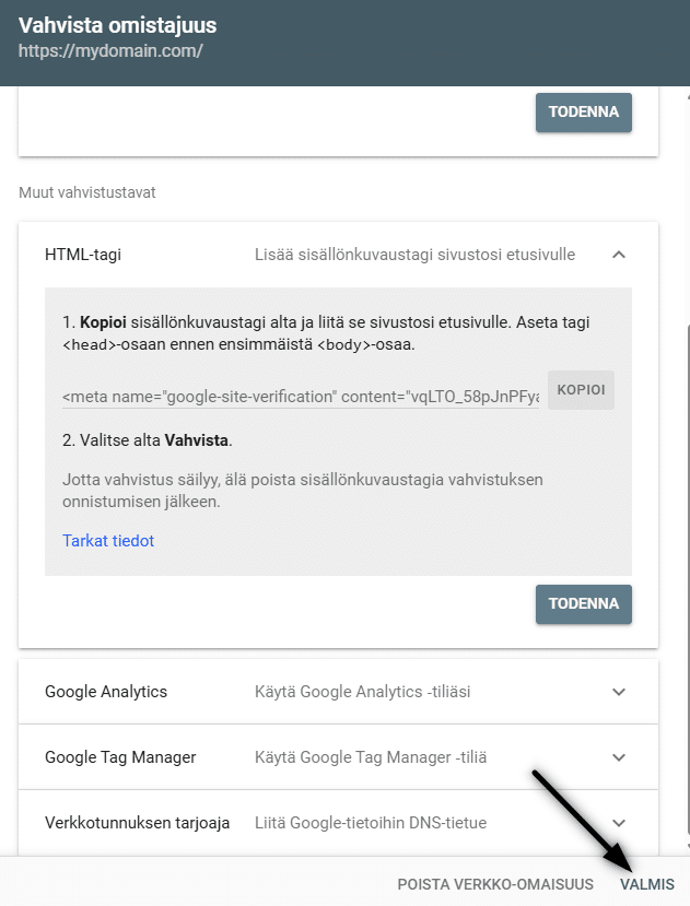 Klikkaa Vahvista Google Search Consolen sivulla.