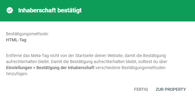 Inhaberschaft der Website in der Google Search Console verifiziert – fertig