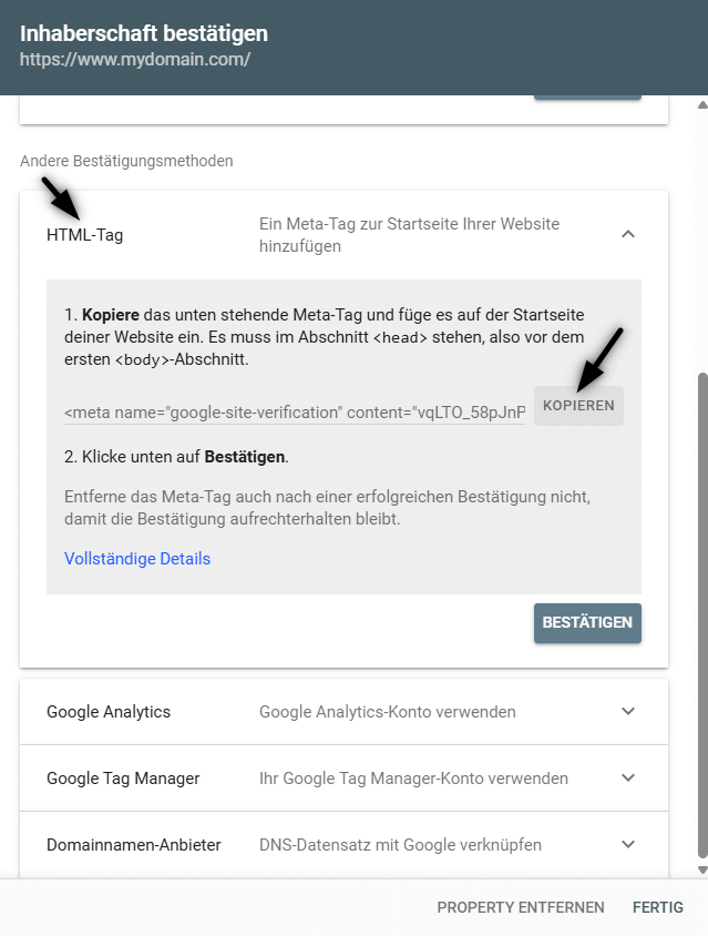 Kopiere den Code „HTML-Tag“