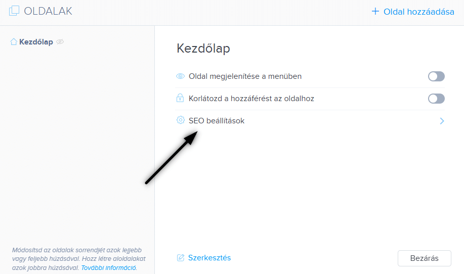 Oldal SEO beállítások gomb