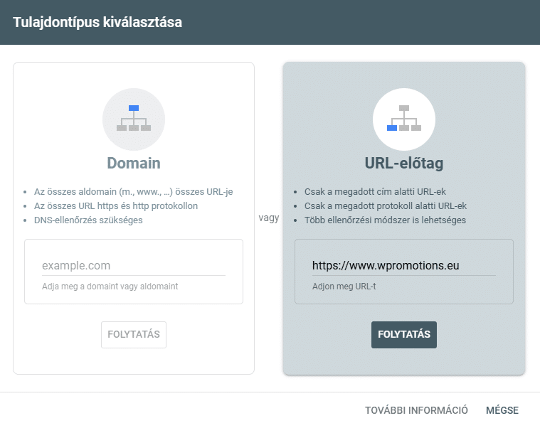 Válaszd ki a „Webhely címe (URL előtag)” lehetőséget