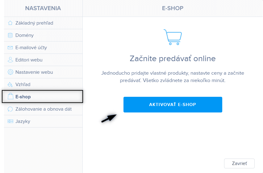 Webnode - ukazka aktivace eshopu (Nastavenia e-shopu)