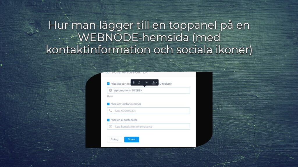 Hur man lägger till en toppanel på en WEBNODE-hemsida (med kontaktinformation och sociala ikoner)