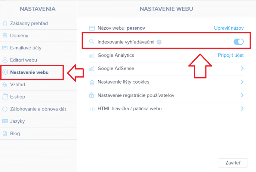 kategória nastavenia webu - indexovanie vyhľadávačmi