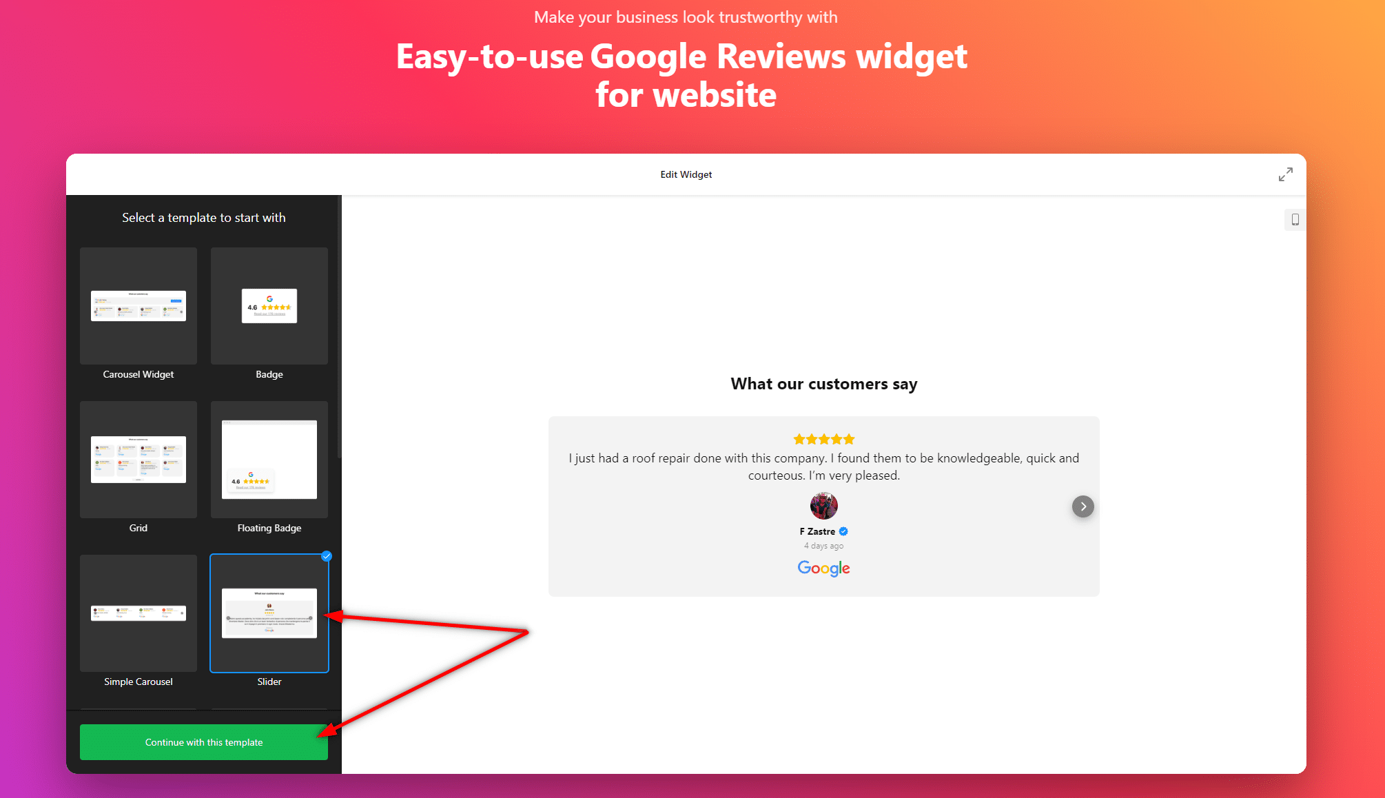 Choose a Google Reviews widget template
